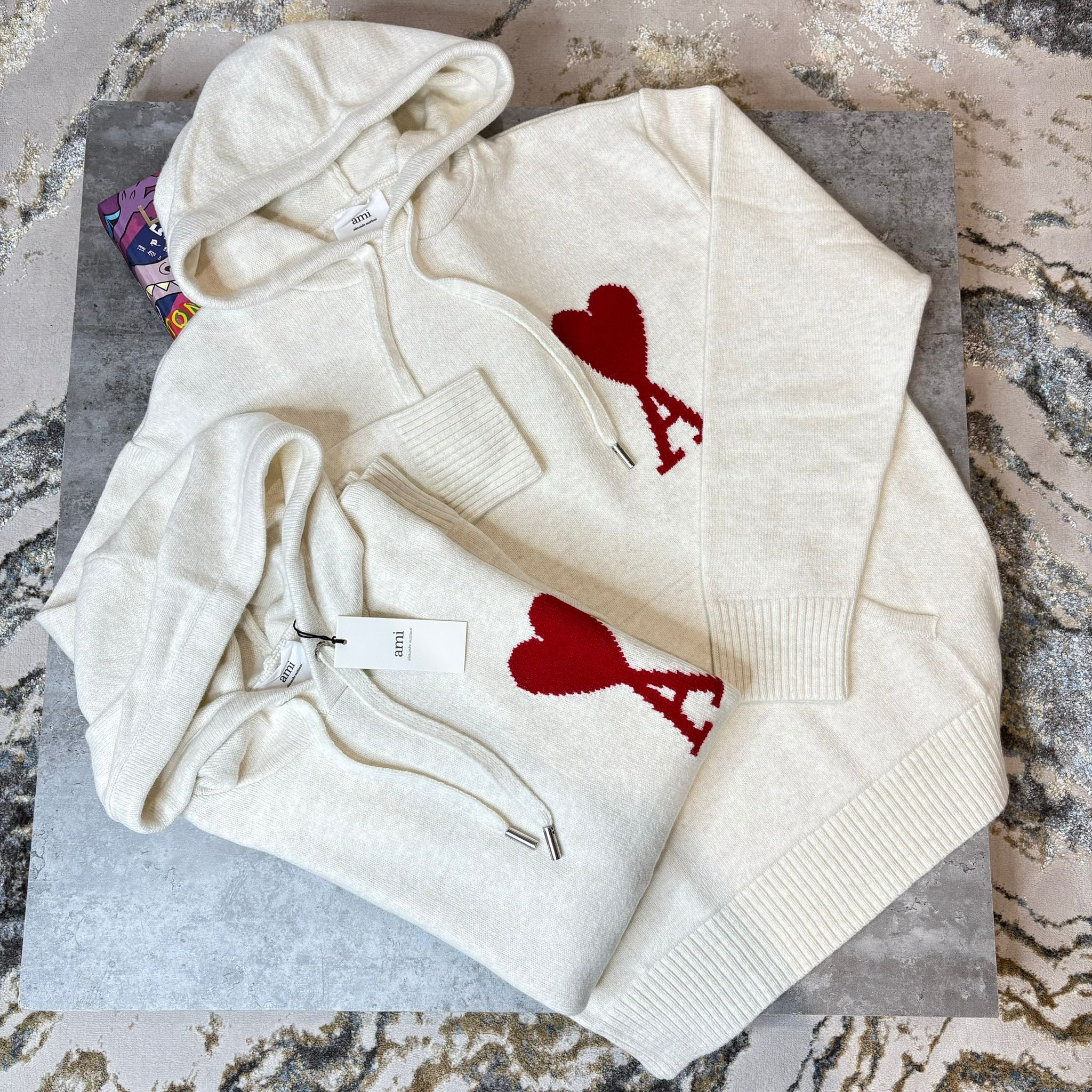 AMI WOOL HOODIE - OFF WHITE / RED