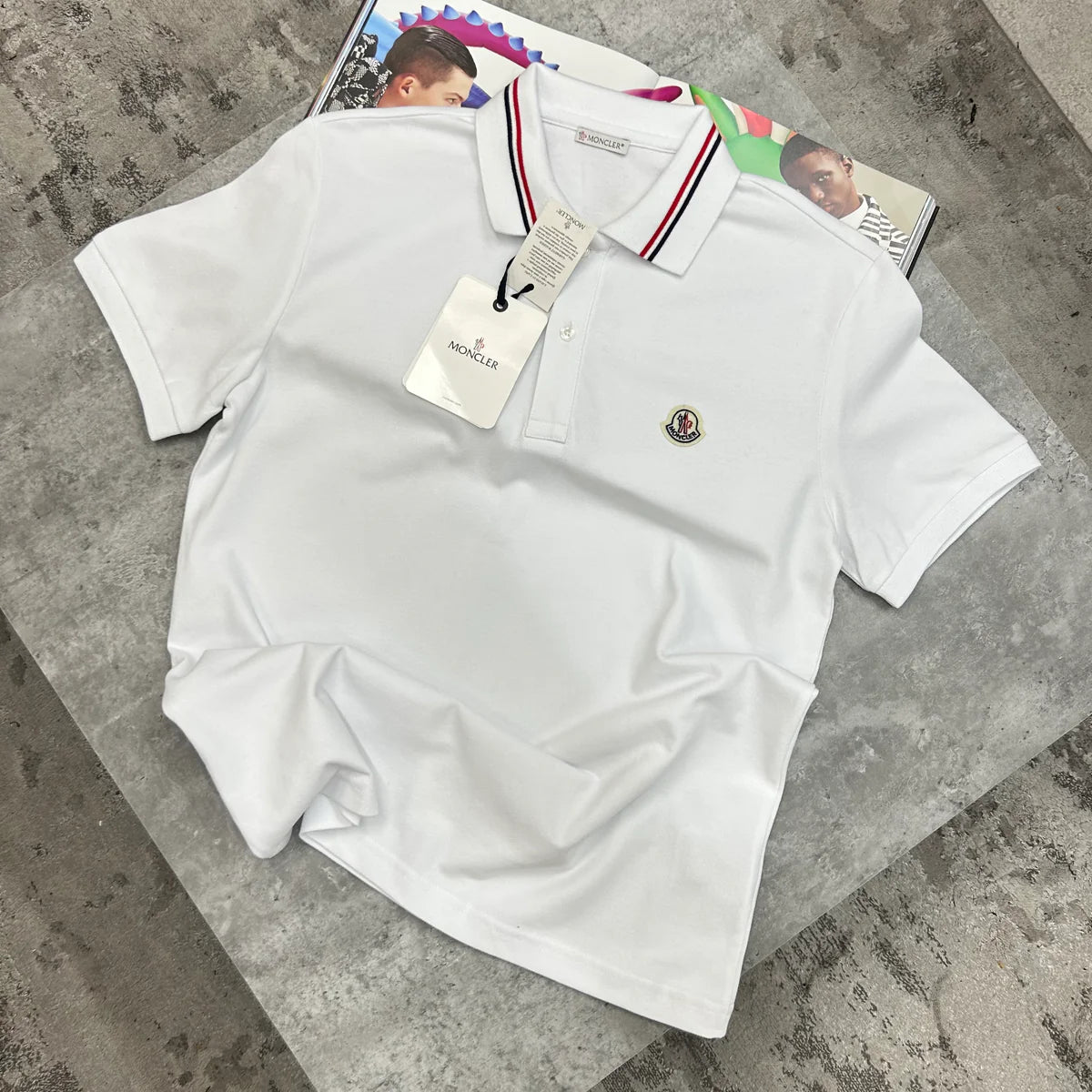 MONCLER STRIPED COLLAR POLO - WHITE