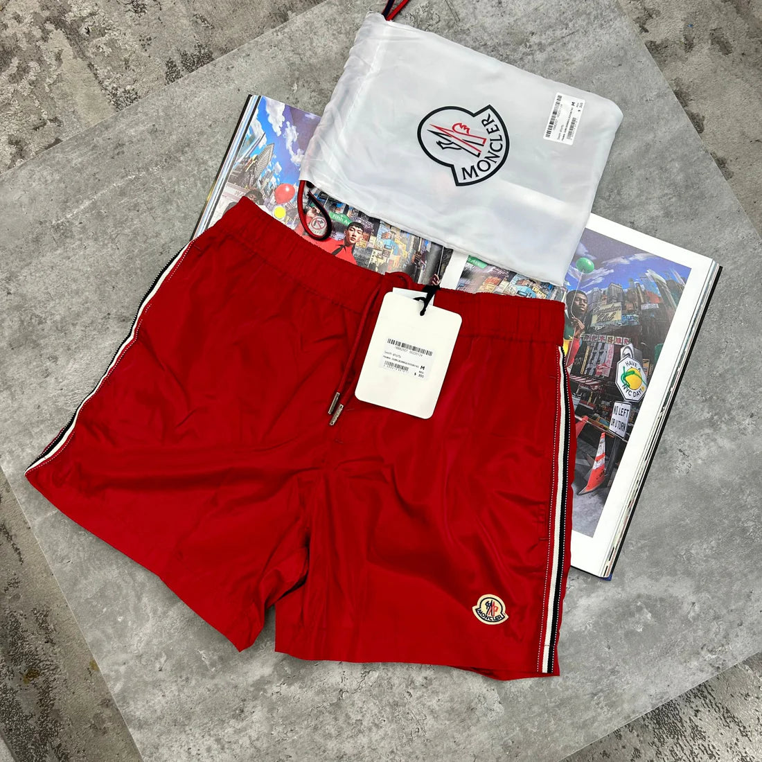 MONCLER STRIPE SWIM SHORTS - RED