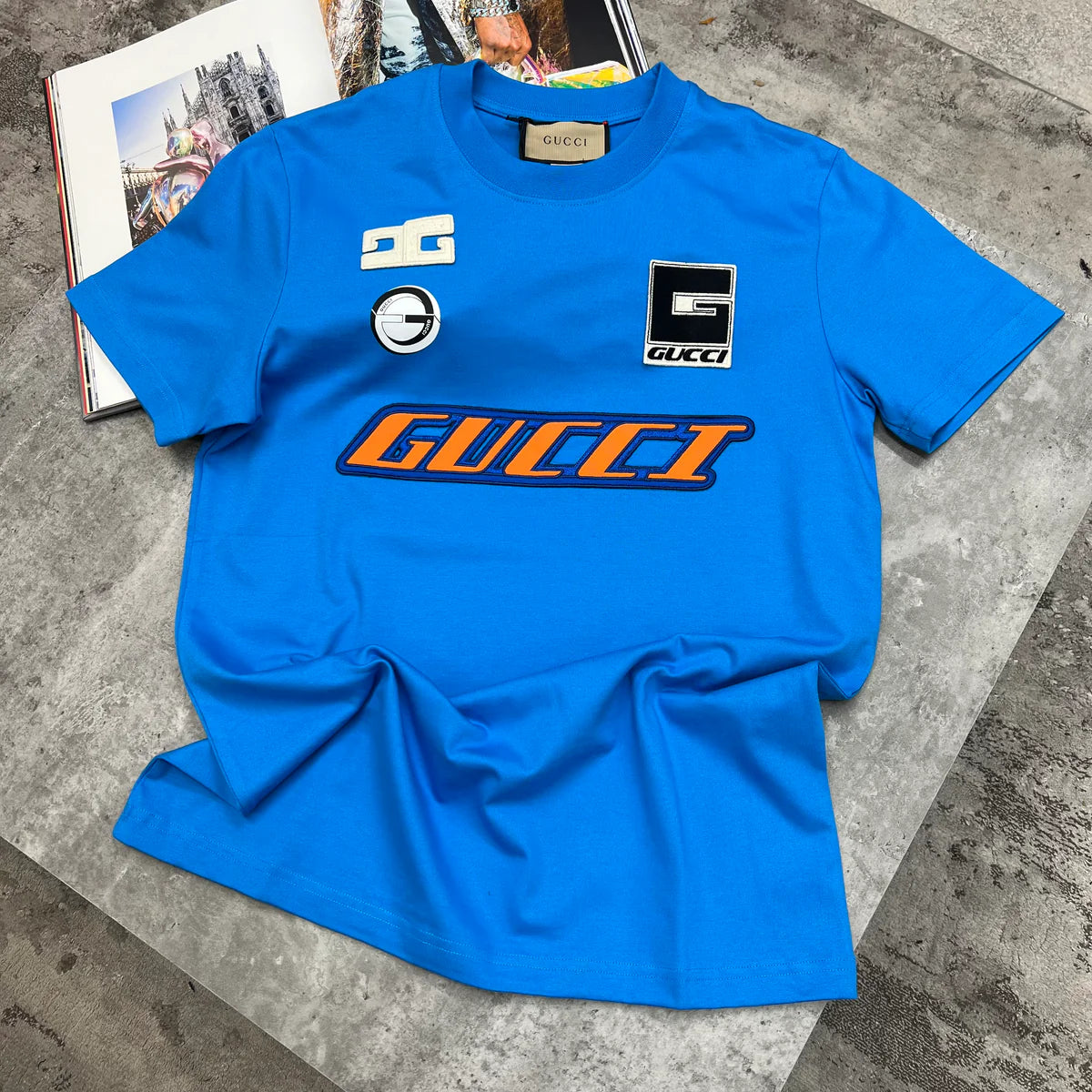 GUCCI 4 LOGO T SHIRT - BLUE