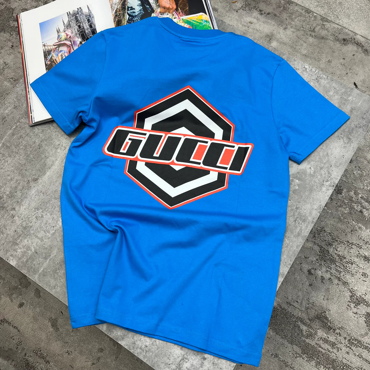 GUCCI 4 LOGO T SHIRT - BLUE