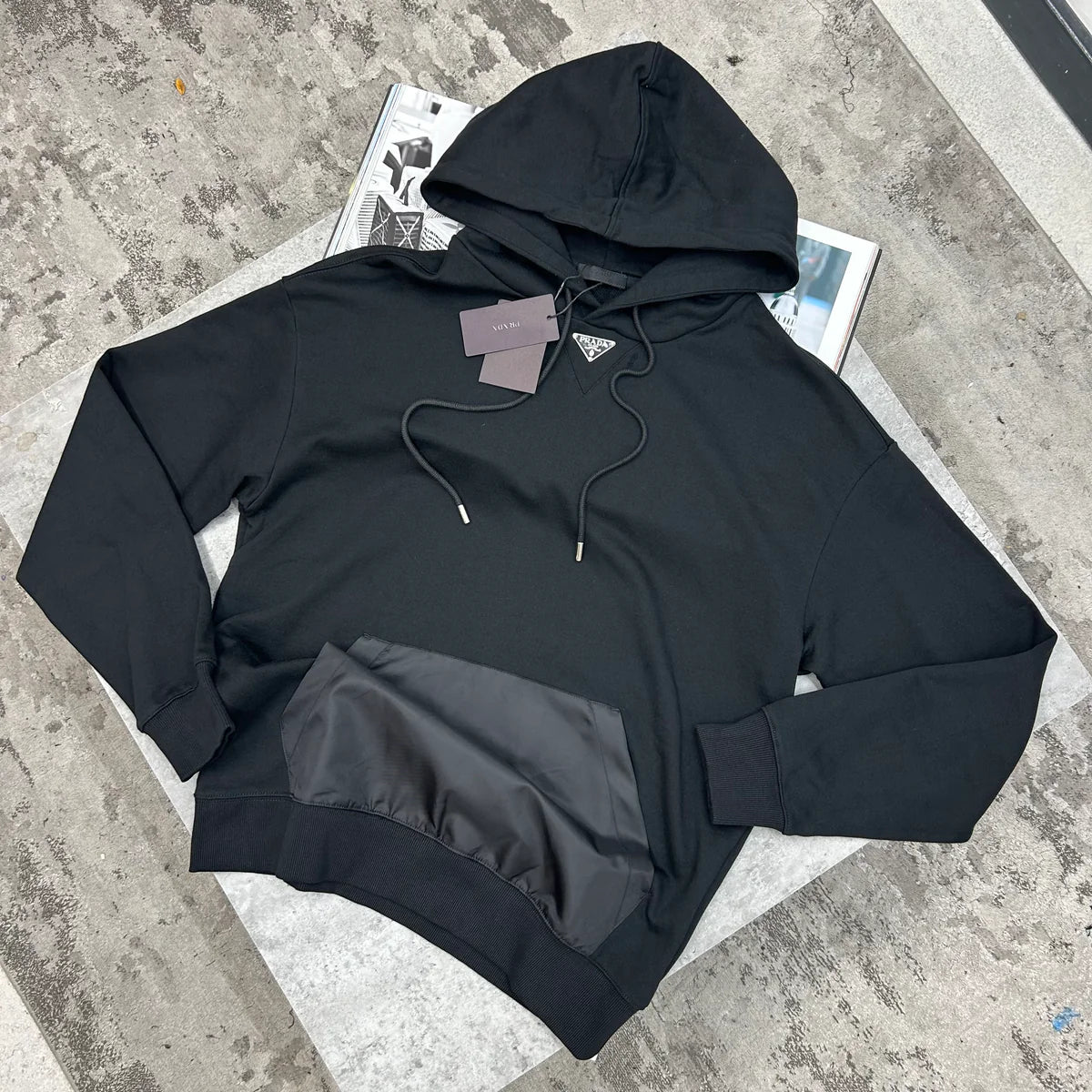 PRADA CENTRE BADGE HOODIE - BLACK