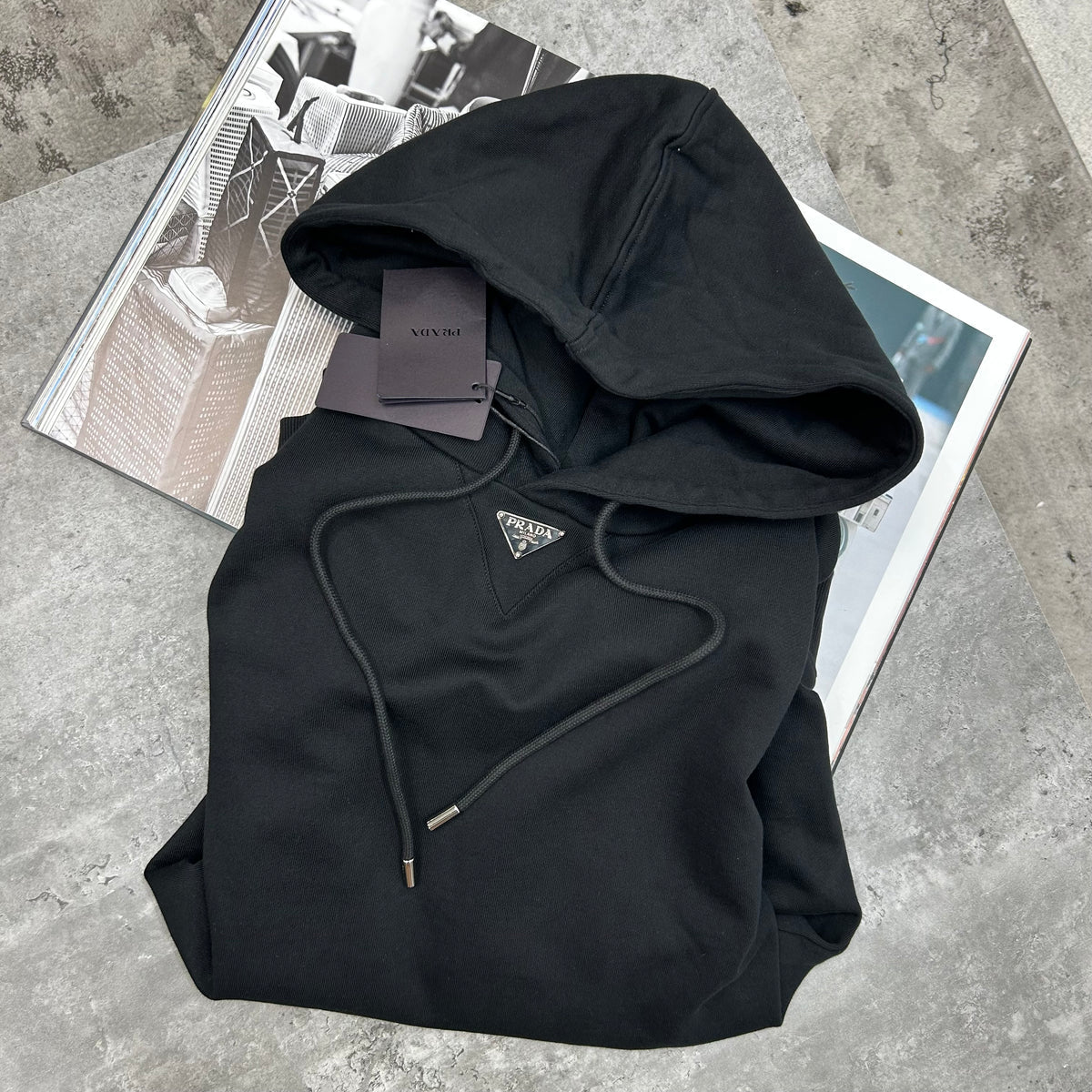 PRADA CENTRE BADGE HOODIE - BLACK